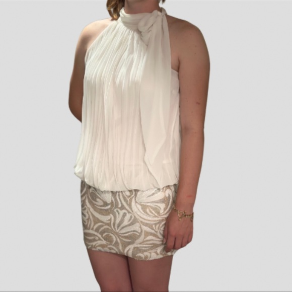 Cache Cream Chiffon Pleated Tie Neck Mini Party Dress with Sequins Print Skirt - Picture 2 of 8